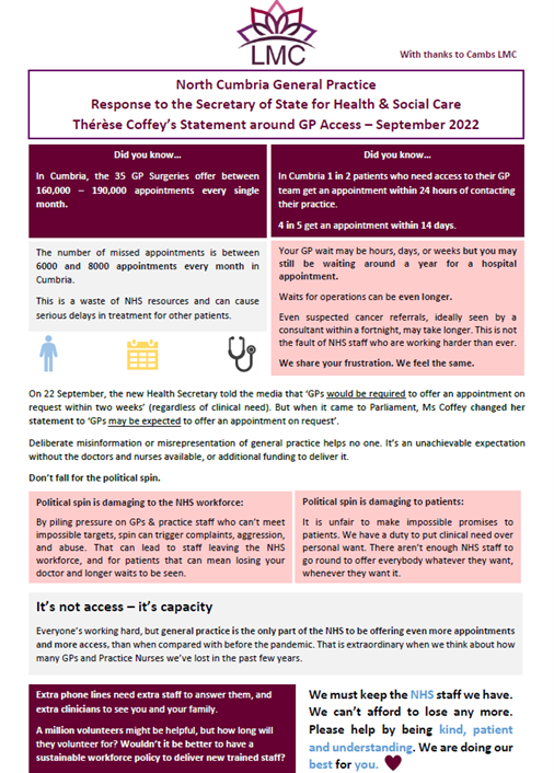 Lancashire & Cumbria General Practice Response to the Secretary of State for Health & Social Care Thérèse Coffey’s Statement around GP Access – September 2022